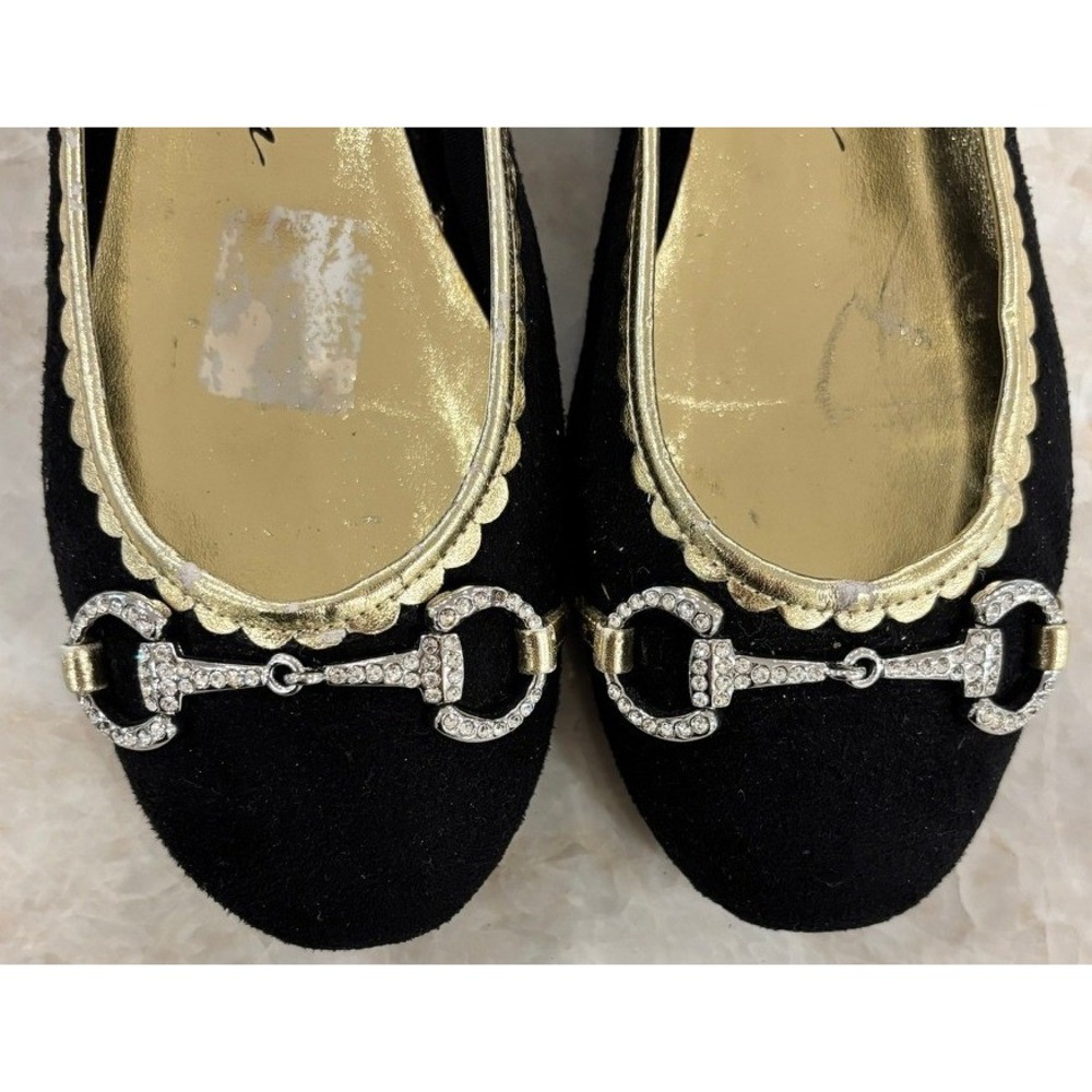 Beverly Feldman Black‎ Suede Ballet Flats Gold Trim Horsebit Size 7M - Picture 2 of 7